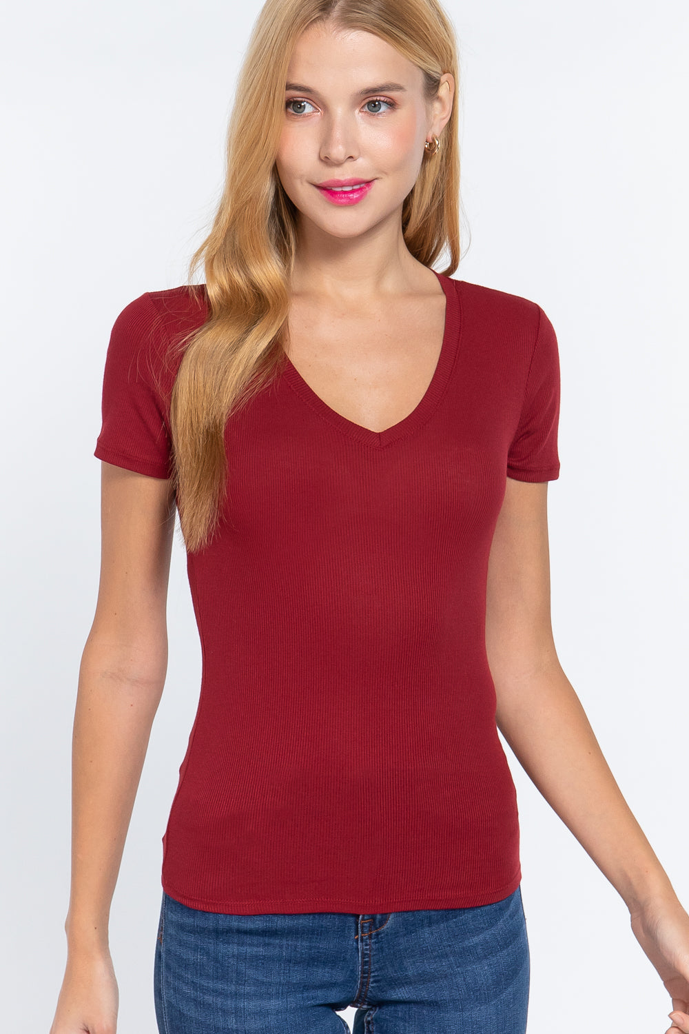 Short Sleeve V-neck Rib Top Look Up Deals