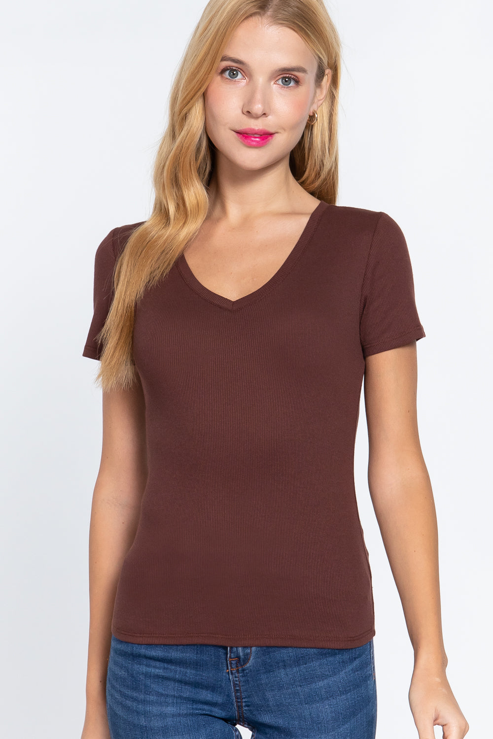 Short Sleeve V-neck Rib Top Look Up Deals