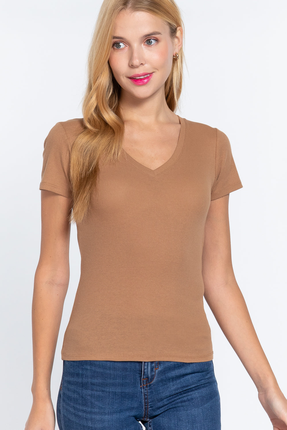 Short Sleeve V-neck Rib Top Look Up Deals