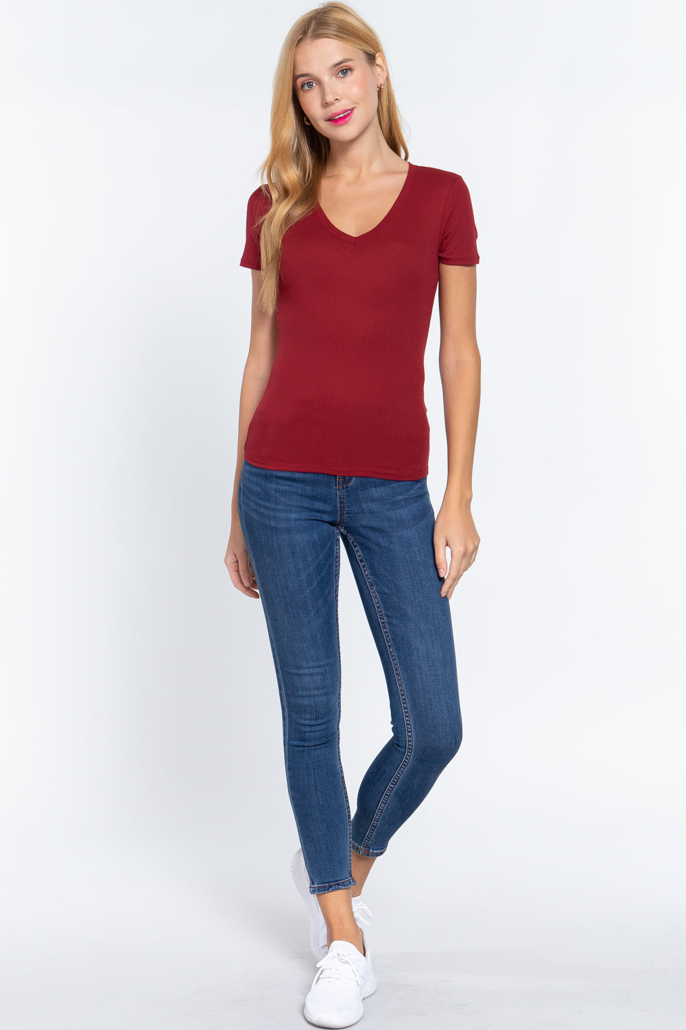 Short Sleeve V-neck Rib Top Look Up Deals