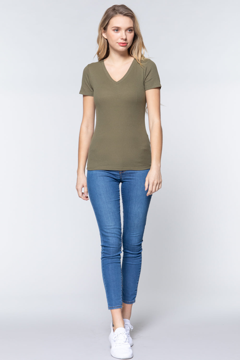 Short Sleeve V-neck Rib Top Look Up Deals