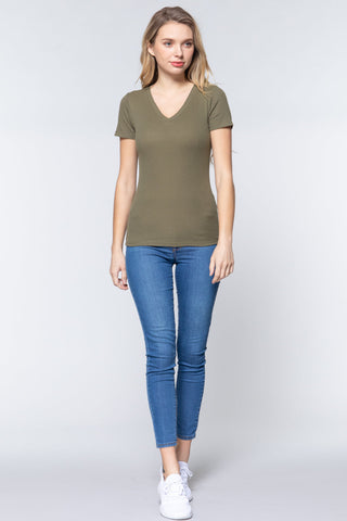 Short Sleeve V-neck Rib Top Look Up Deals