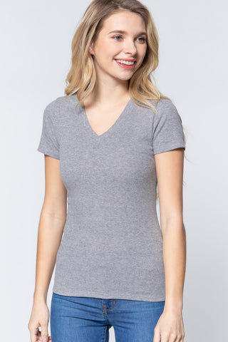 Short Sleeve V-neck Rib Top Look Up Deals