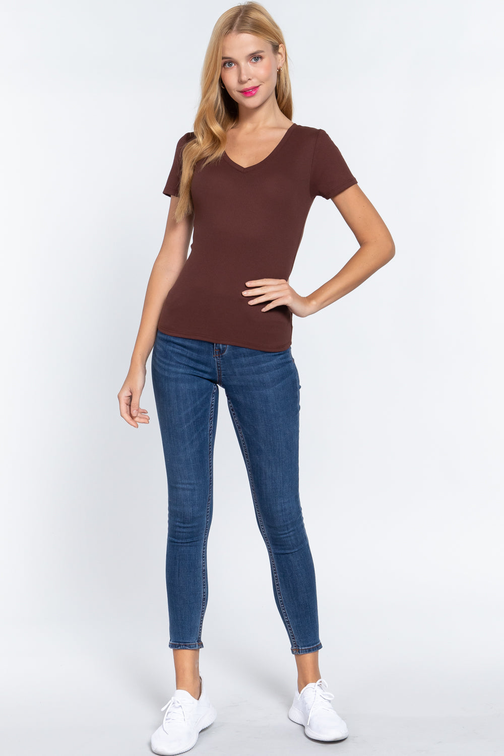 Short Sleeve V-neck Rib Top Look Up Deals