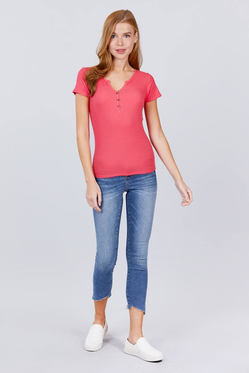 Short Sleeve W/button Detail Henley Neck Rib Knit Top Look Up Deals