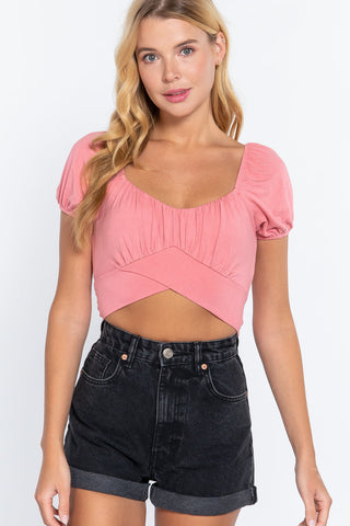 Short Slv Back Tie Crop Knit Top Look Up Deals