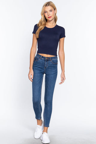 Short Slv Crew Neck Rib Crop Top Look Up Deals