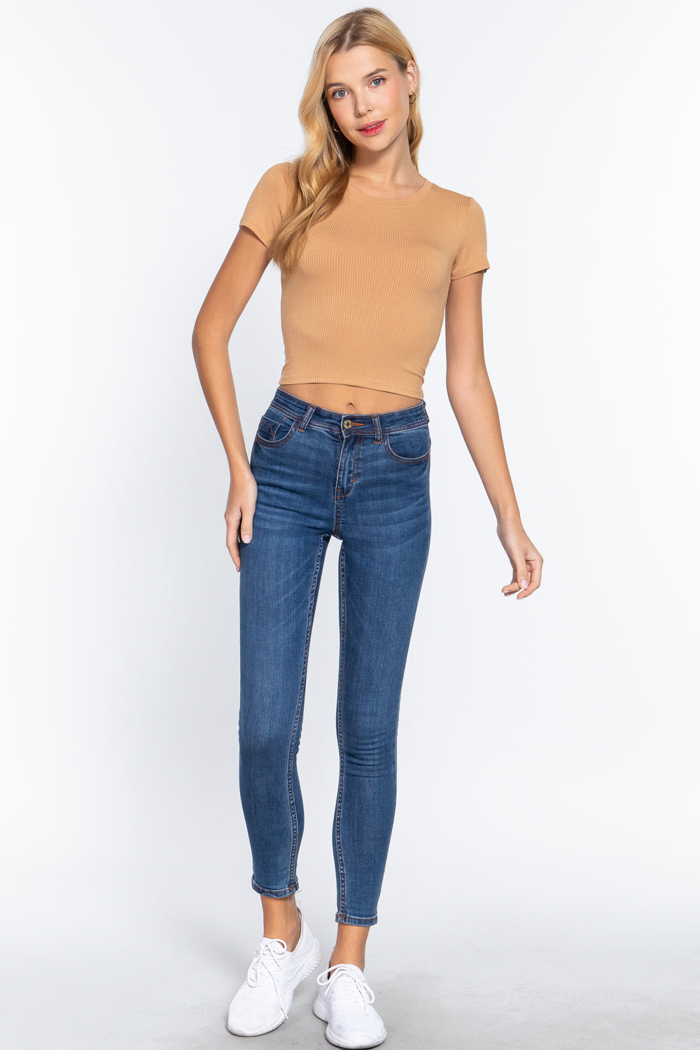 Short Slv Crew Neck Rib Crop Top Look Up Deals