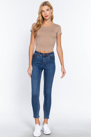 Short Slv Crew Neck Rib Crop Top Look Up Deals