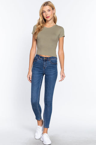 Short Slv Crew Neck Rib Crop Top Look Up Deals