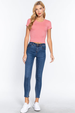 Short Slv Crew Neck Rib Crop Top Look Up Deals