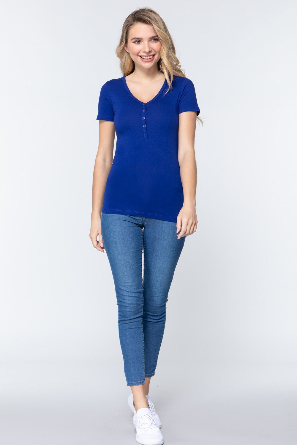 Short Slv V-neck Henley Knit Top Look Up Deals