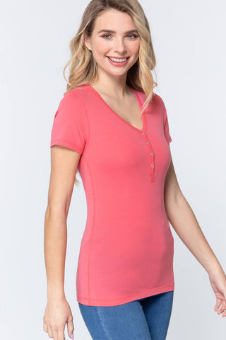 Short Slv V-neck Henley Knit Top Look Up Deals