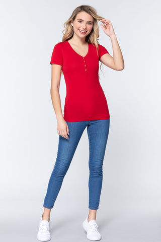 Short Slv V-neck Henley Knit Top Look Up Deals