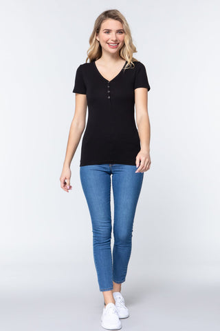 Short Slv V-neck Henley Knit Top Look Up Deals