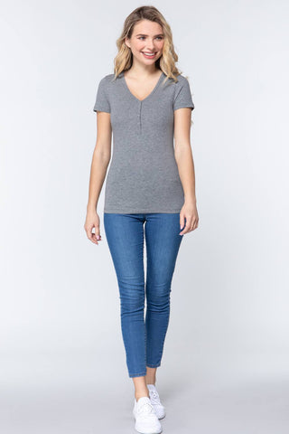 Short Slv V-neck Henley Knit Top Look Up Deals