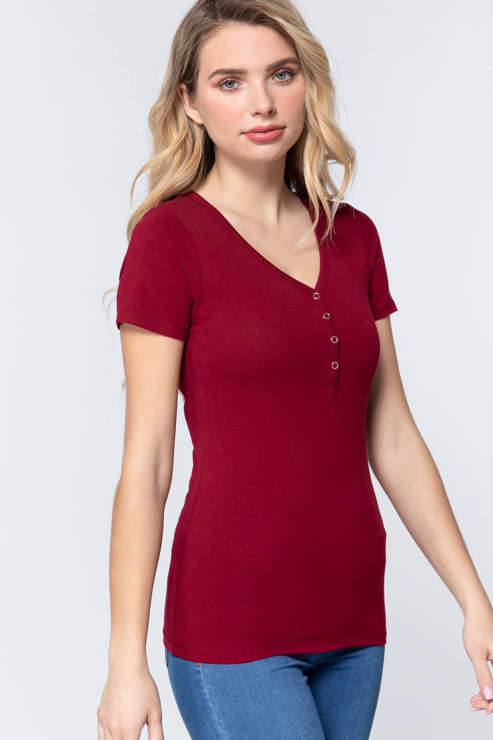 Short Slv V-neck Henley Knit Top Look Up Deals