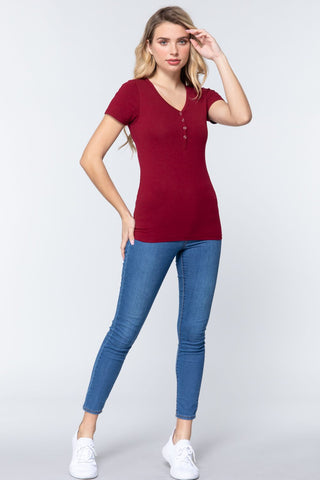 Short Slv V-neck Henley Knit Top Look Up Deals