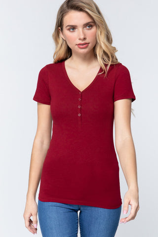 Short Slv V-neck Henley Knit Top Look Up Deals