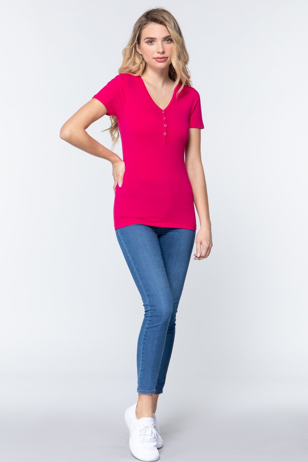 Short Slv V-neck Henley Knit Top Look Up Deals