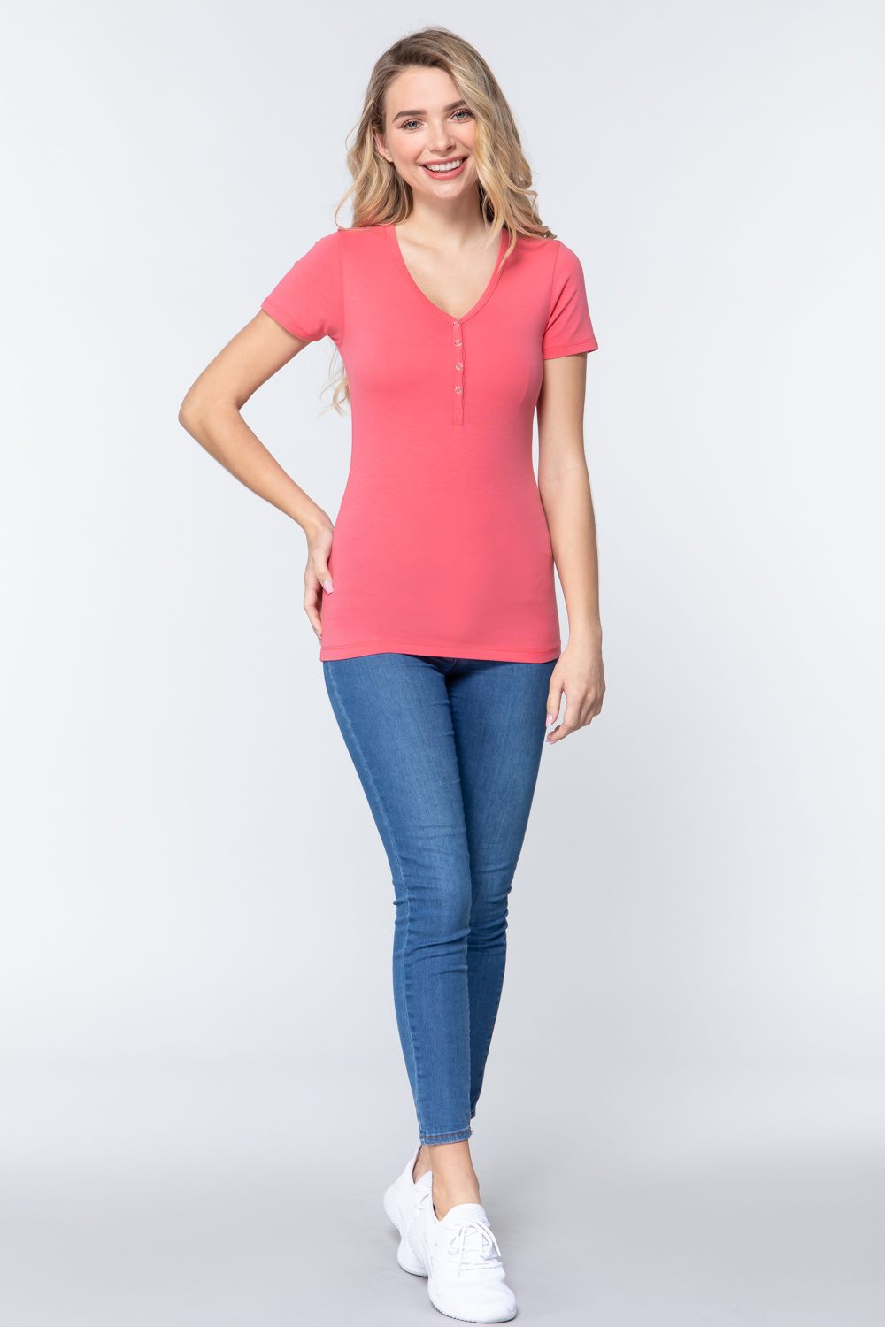 Short Slv V-neck Henley Knit Top Look Up Deals