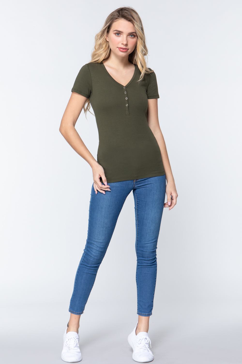 Short Slv V-neck Henley Knit Top Look Up Deals