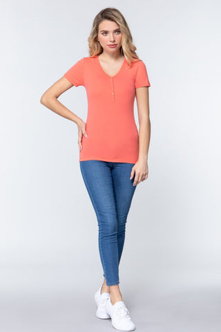 Short Slv V-neck Henley Knit Top Look Up Deals