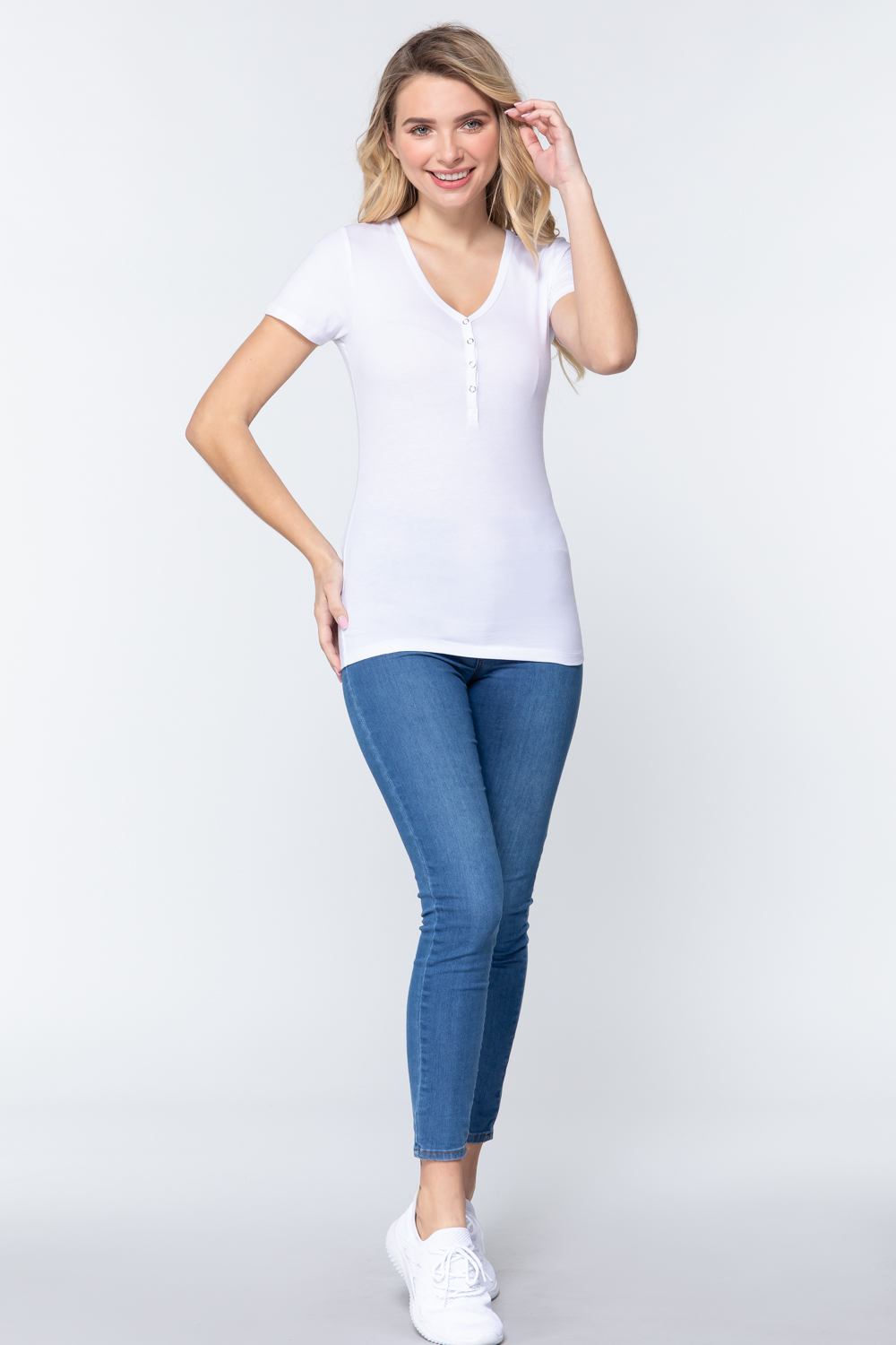 Short Slv V-neck Henley Knit Top Look Up Deals