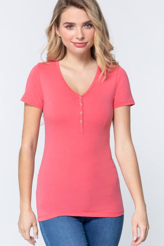 Short Slv V-neck Henley Knit Top Look Up Deals