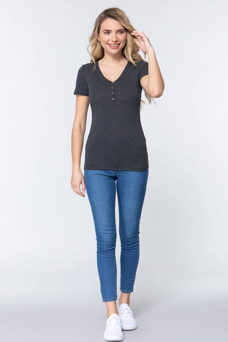 Short Slv V-neck Henley Knit Top Look Up Deals