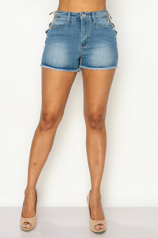 Side Lace-up Detailed Denim Shorts Look Up Deals