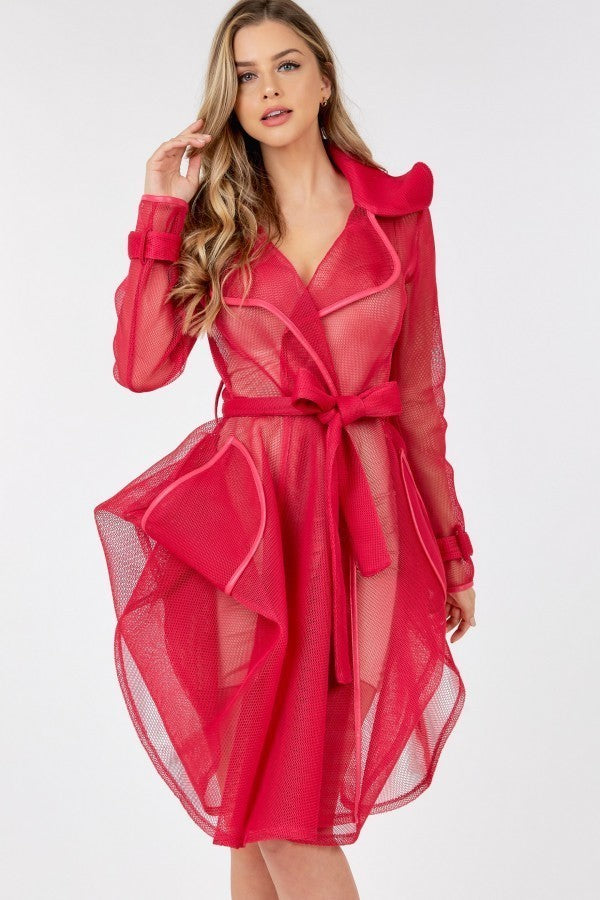 Side Tacking Waist Tie Mesh Coat Look Up Deals