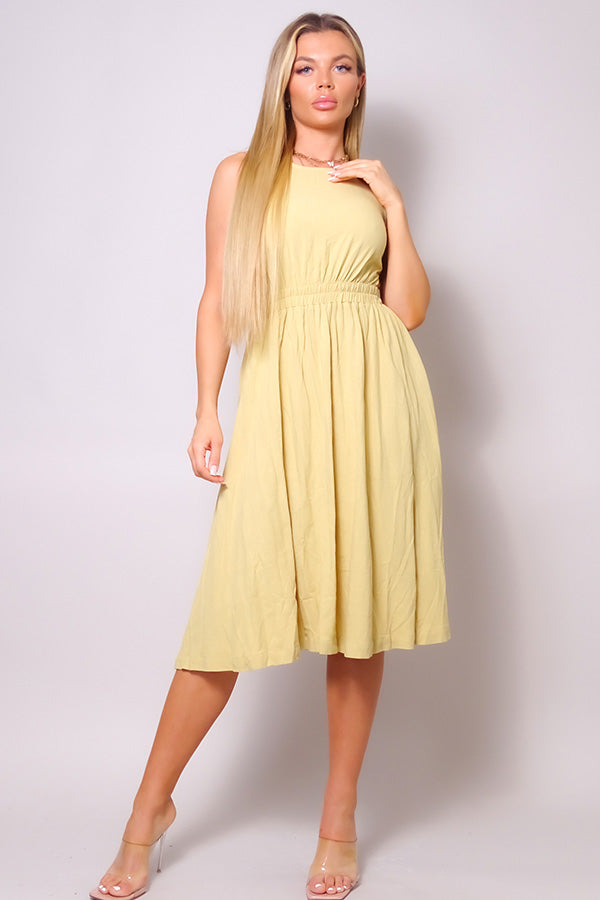 Sleeveless Back Cutout Linen Midi Dress Look Up Deals