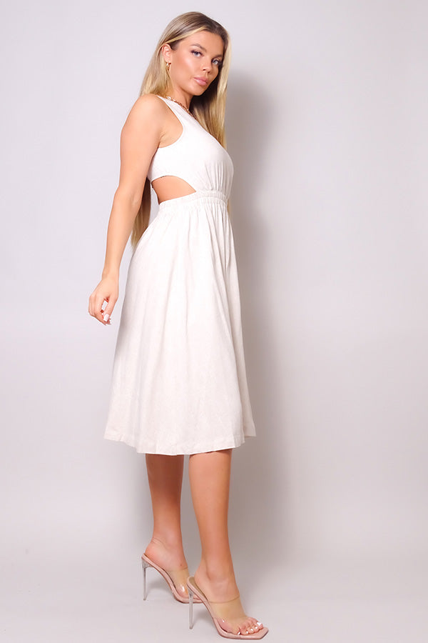 Sleeveless Back Cutout Linen Midi Dress Look Up Deals