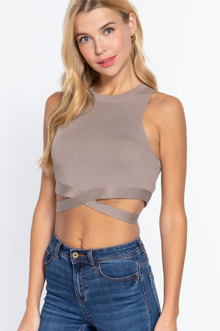 Sleeveless Crew Neck Waist Tie Crop Sweater Top Look Up Deals