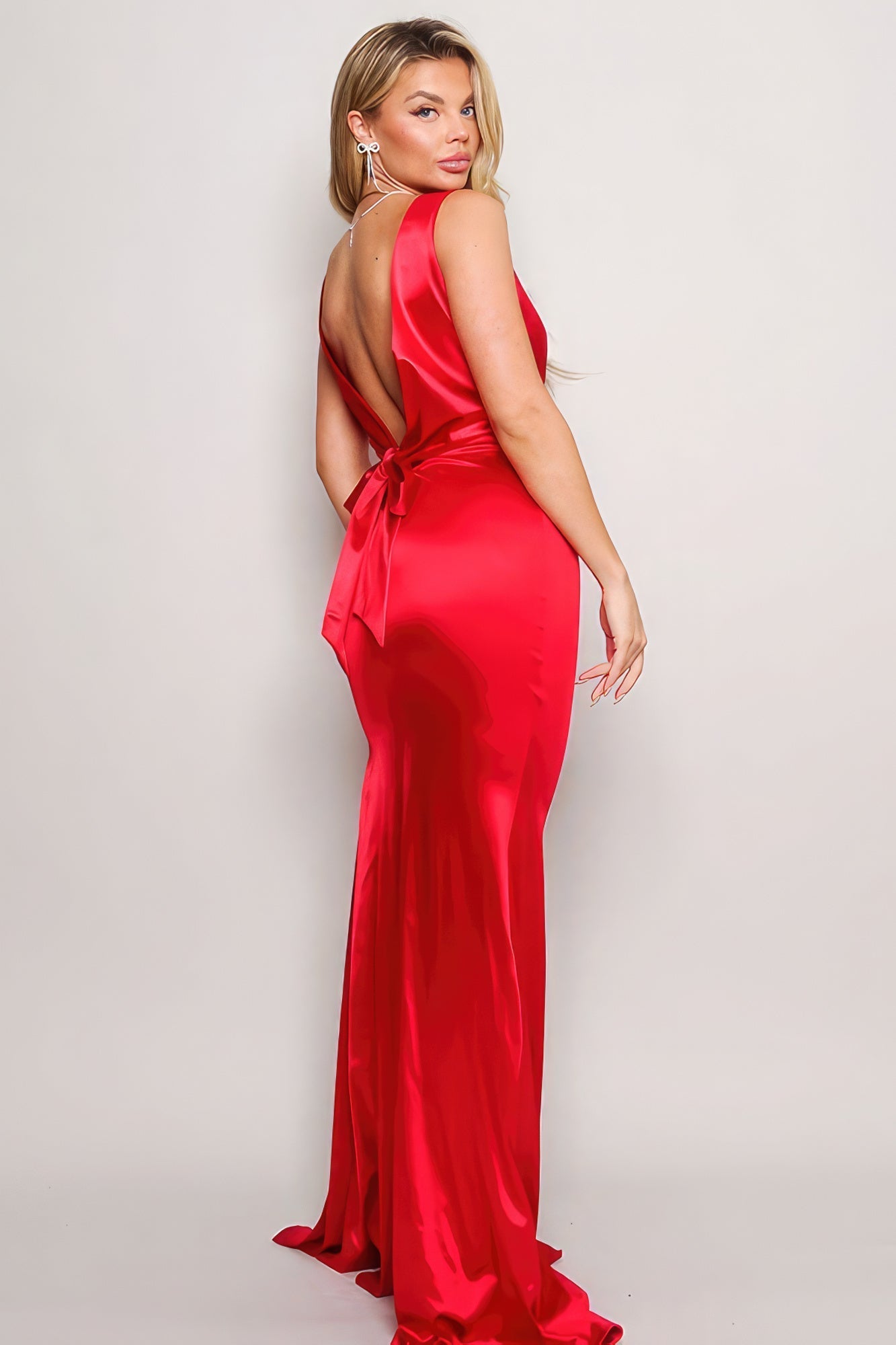 Sleeveless Deep V Low Back Bow Maxi Dress Look Up Deals