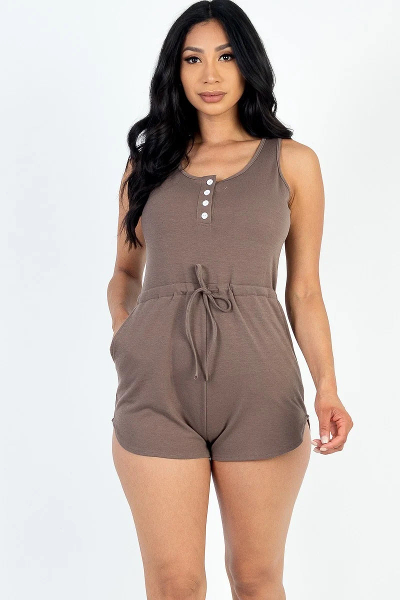 Sleeveless Drawstring Waist Button Tank Romper Look Up Deals