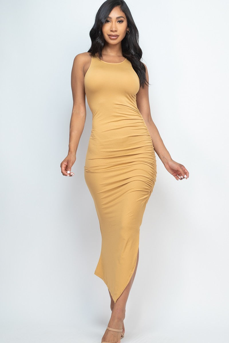 Sleeveless Ruched Side Split Maxi Dress Look Up Deals