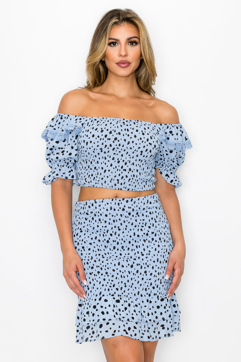 Smocking Ruffled Printed Top & Skirts Set Look Up Deals