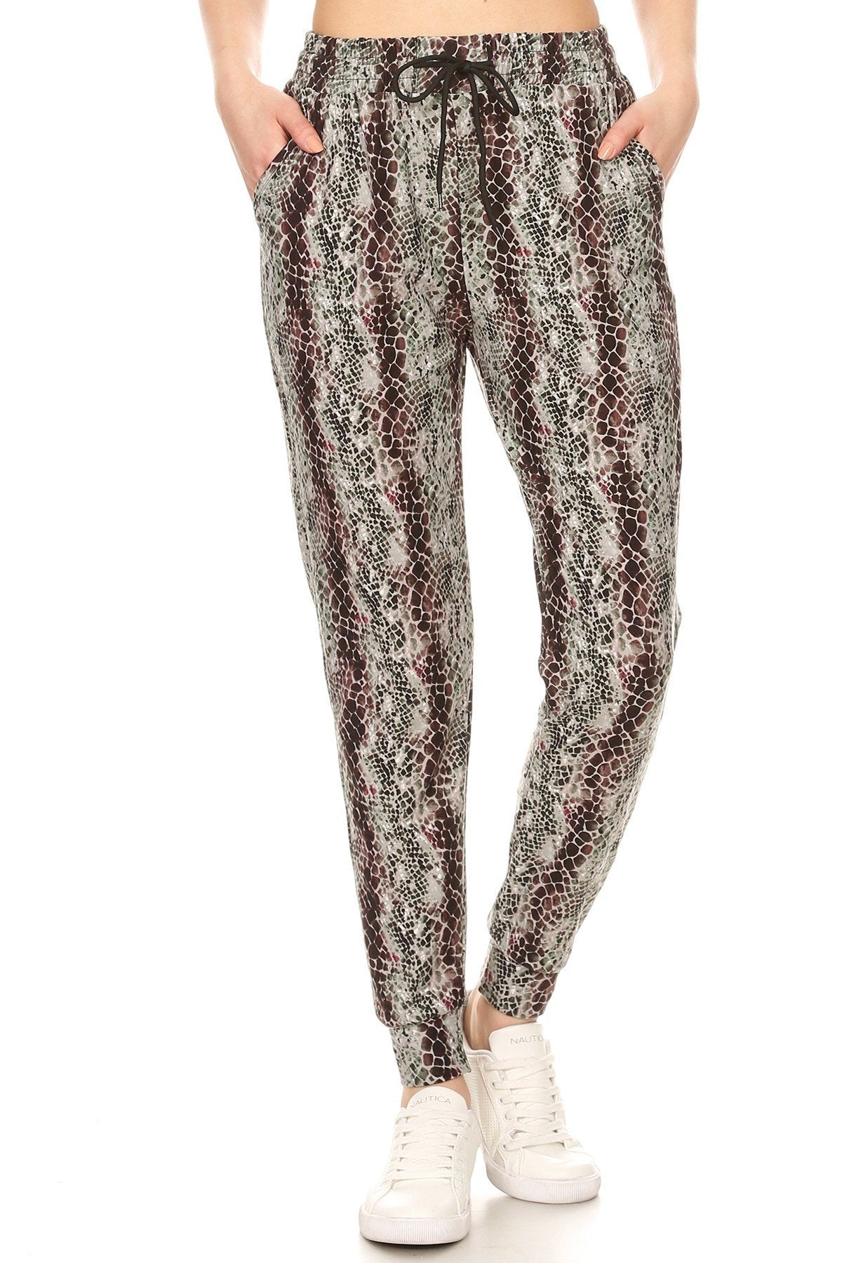 Snakeskin Printed Joggers With Solid Trim, Drawstring Waistband, Waist Look Up Deals