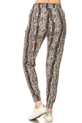 Snakeskin Printed Joggers With Solid Trim, Drawstring Waistband, Waist Look Up Deals