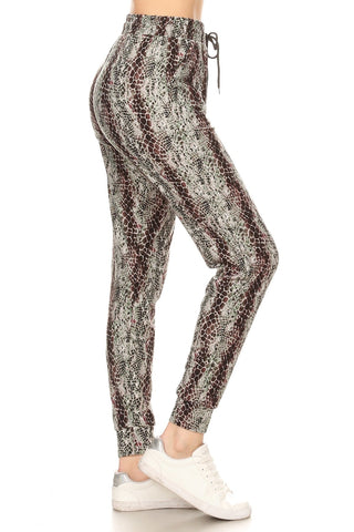 Snakeskin Printed Joggers With Solid Trim, Drawstring Waistband, Waist Look Up Deals