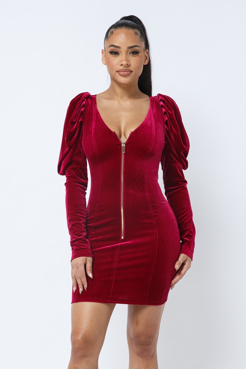 Soft Velvet Pleated Puff Sleeve Low V Neck Front And Back Mini Dress Look Up Deals