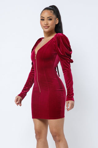 Soft Velvet Pleated Puff Sleeve Low V Neck Front And Back Mini Dress Look Up Deals