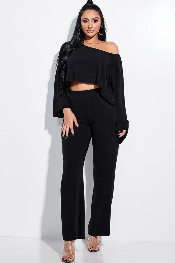 Solid French Terry Long Slouchy Long Sleeve Top And Pants With Pockets Two Piece Set Look Up Deals