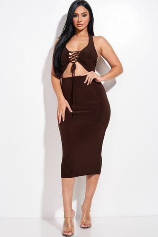 Solid Halter Neck Midi Dress With Criss Cross Front And Cutout Look Up Deals