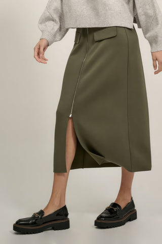 Solid High Waist Zipper Front Slit Midi Skirt Look Up Deals