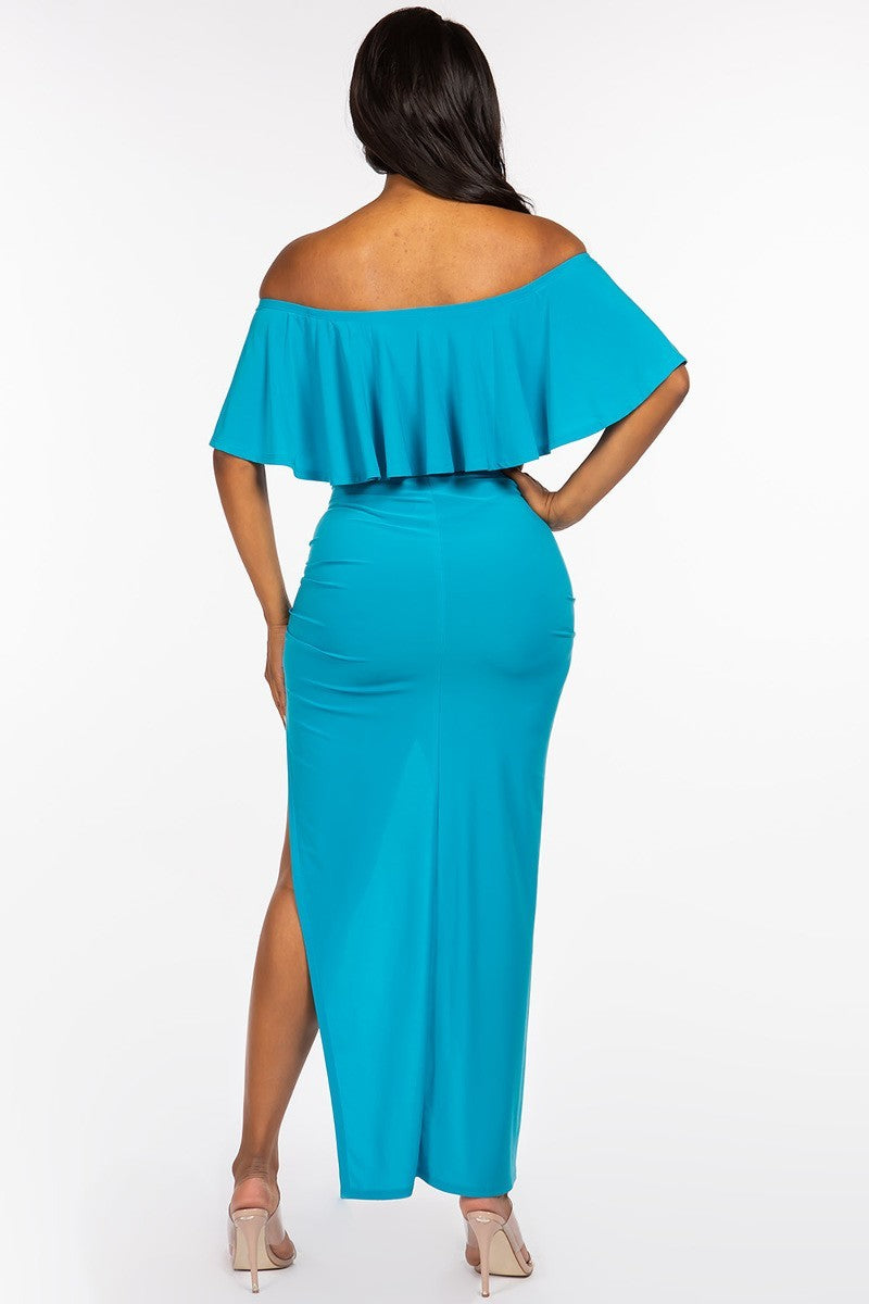 Solid Ity Off The Shoulder Ruffled Cropped Top And Ruched Maxi Skirt Two Piece Set Look Up Deals