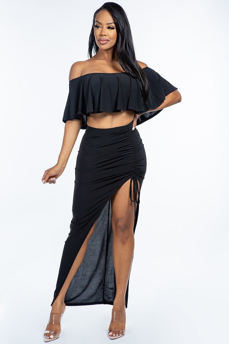 Solid Ity Off The Shoulder Ruffled Cropped Top And Ruched Maxi Skirt Two Piece Set Look Up Deals