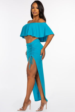 Solid Ity Off The Shoulder Ruffled Cropped Top And Ruched Maxi Skirt Two Piece Set Look Up Deals